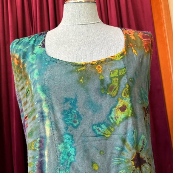Sacred Threads Tie Dye Tank Tunic one size w/gather details on side square neck - Picture 9 of 11